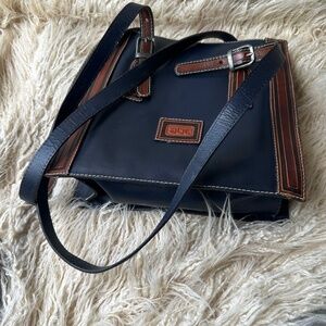 VINTAGE 90's abc double handle genuine Leather Blue/Brown Shoulder Bag.